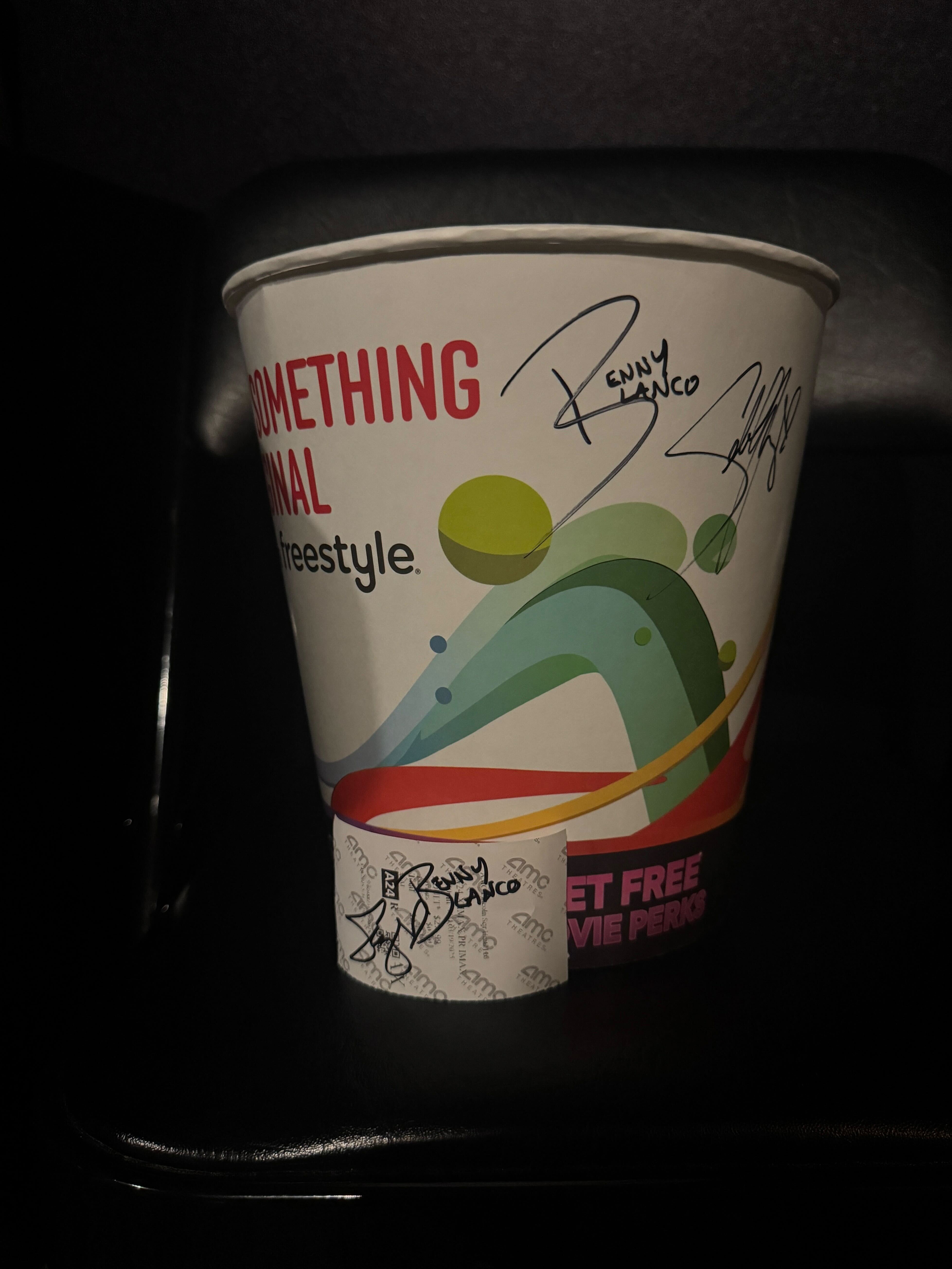 Signed Popcorn Bucket and Ticket Stub