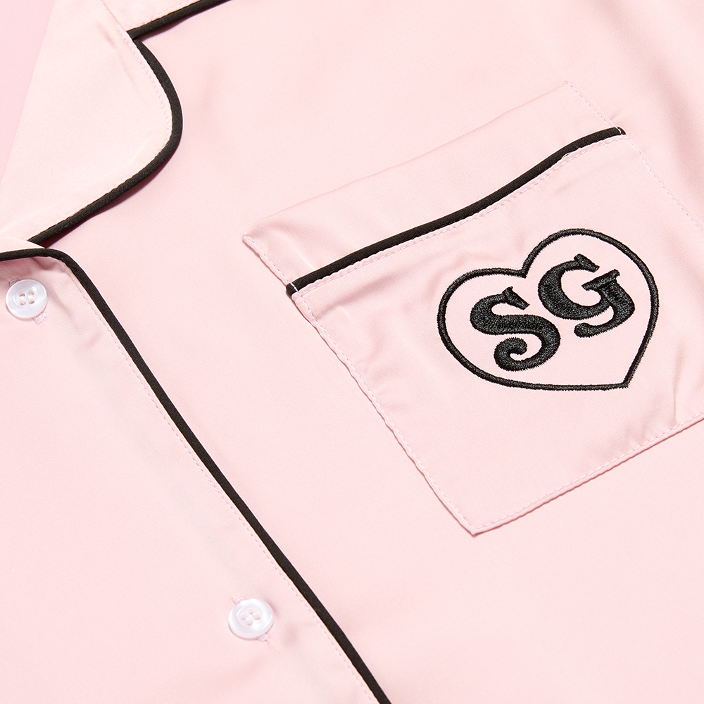 Pink Satin SG Heart Pajama Set Top Detail